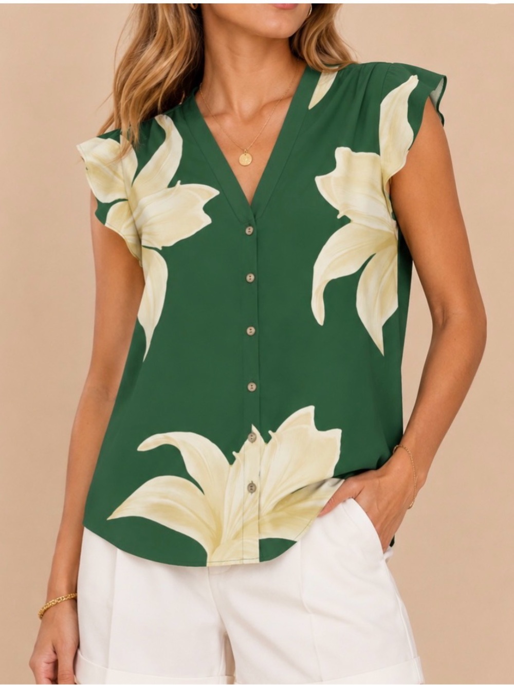 Green Floral V-Neck Button Front Butterfly Sleeve Blouse